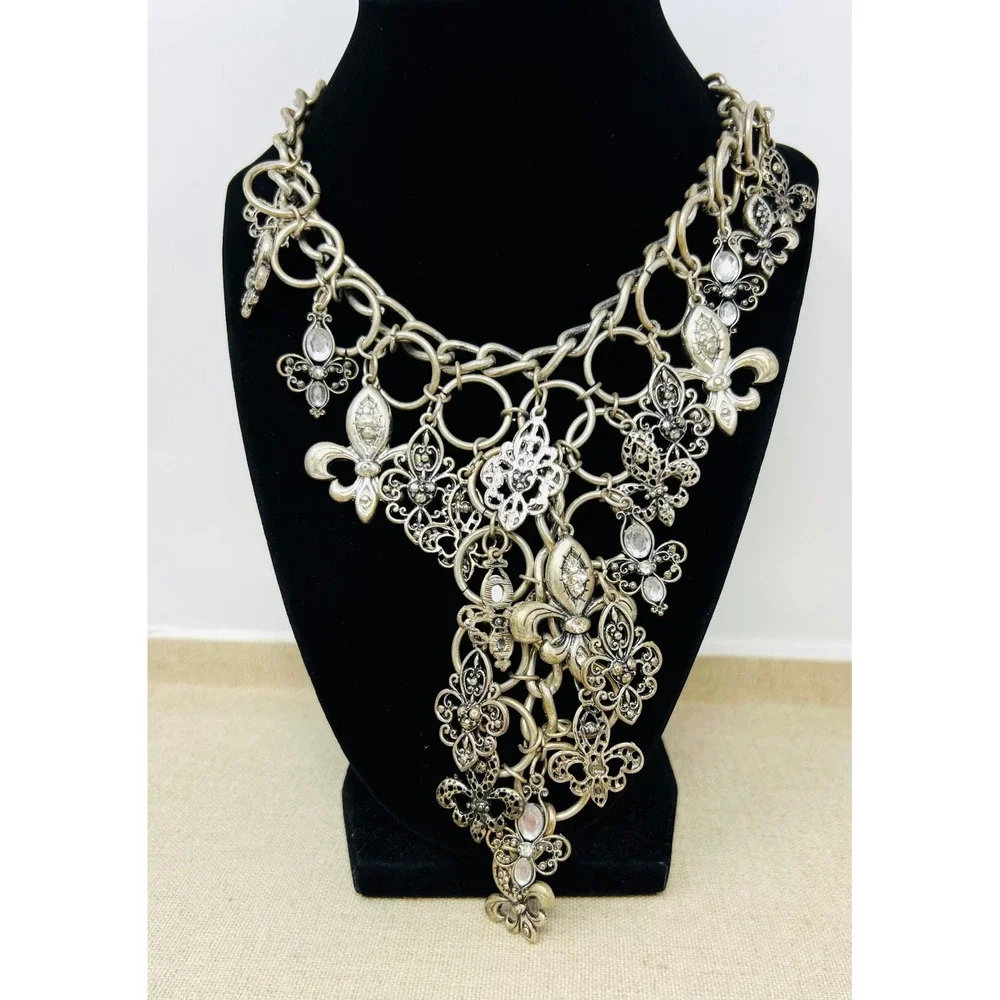 Unica Silver Tone Fleur De Lis Crystal Statement Bib Necklace Gothic Filigree